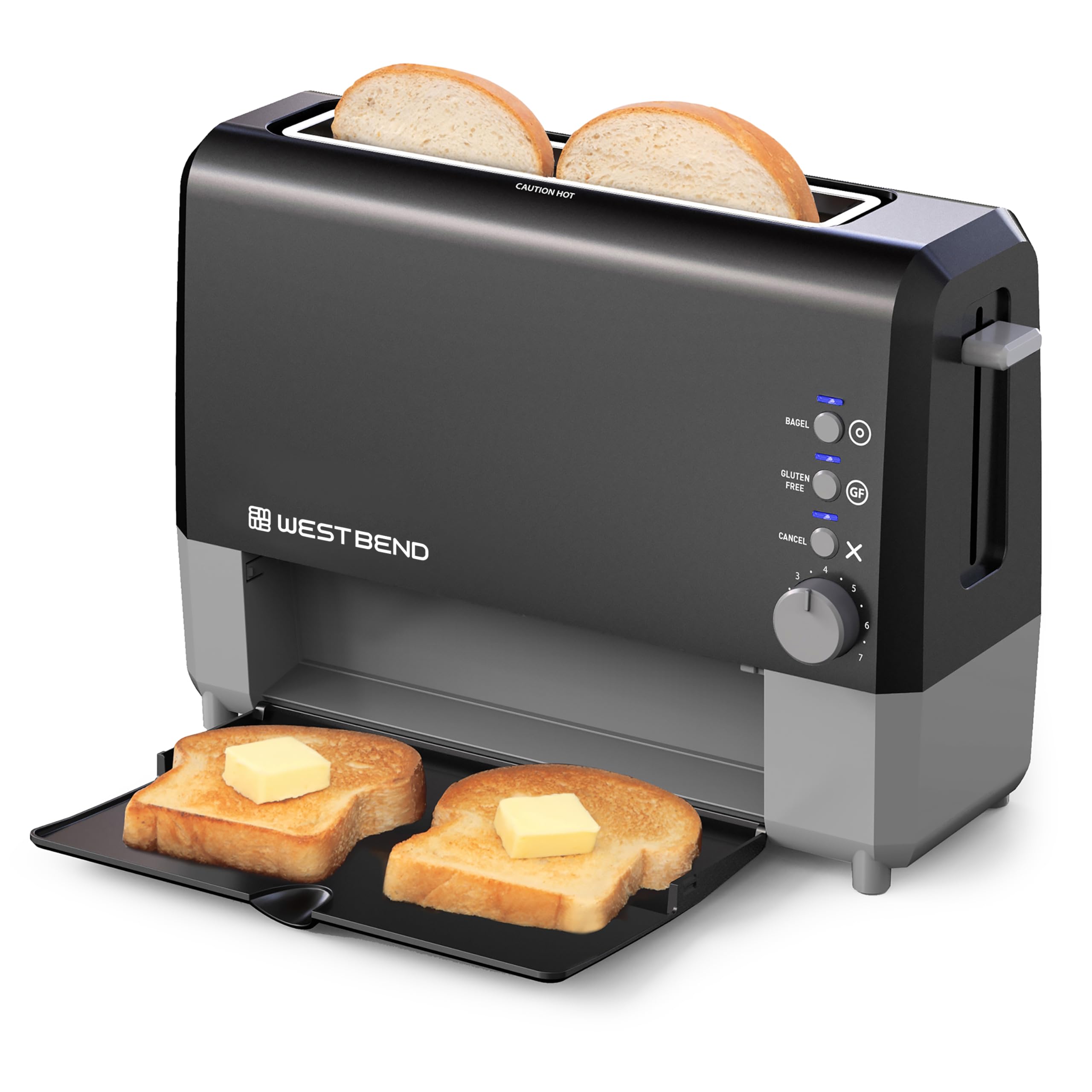 Photo 1 of West Bend 77224 Toaster 2 Slice QuikServe Wide Slot Slide Through with Bagel and Gluten-Free Settings and Cool Touch Exterior Includes Removable Serving Tray, Black