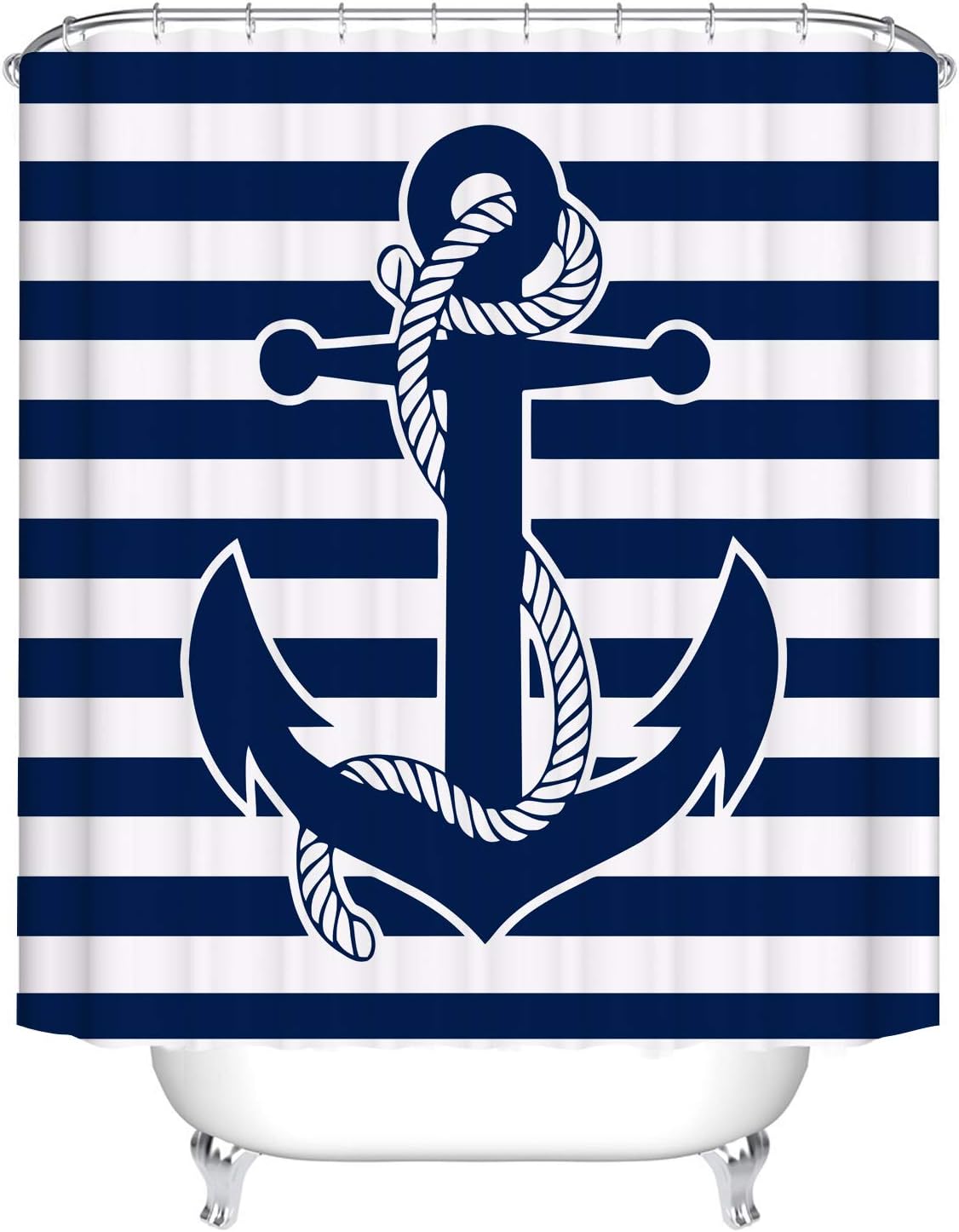 Fangkun Shower Curtain Decor Set - Seascape Boat Anchor with Rope Blue Stripes Art Print - Polyester Fabric Waterproof Bathroom Curtains - 12PCS Hooks - 72 x 72 inches