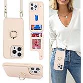 Lipvina for iPhone 13 Case with Card Holder for Women,Crossbody Strap Lanyard,Credit Card Holder,Ring Stand,Snap Clasp,Wallet Case 6.1 inch (Beige)