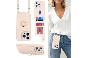 Lipvina for iPhone 13 Case with Card Holder for Women,Crossbody Strap Lanyard,Credit Card Holder,Ring Stand,Snap Clasp,Wallet Case 6.1 inch (Beige)