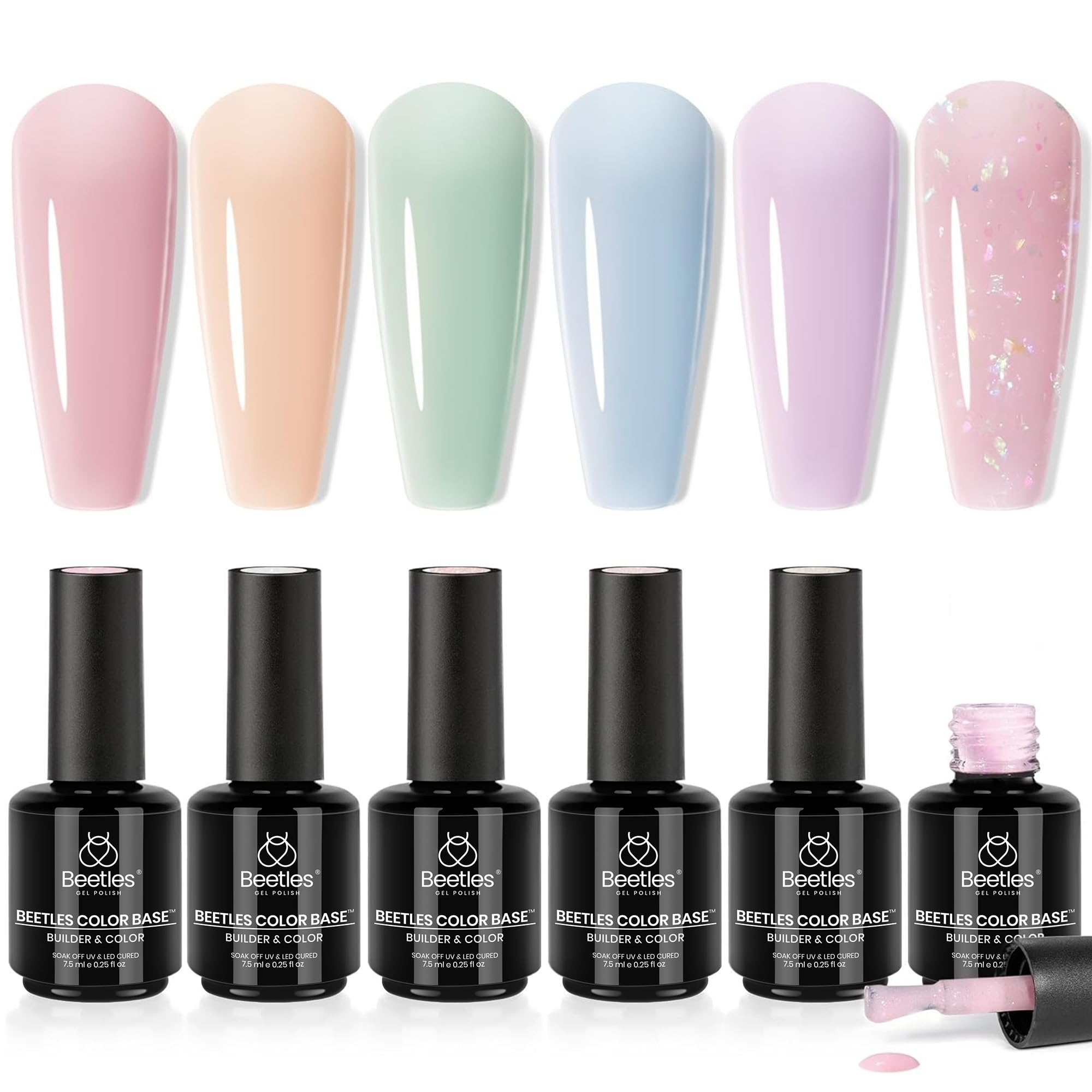 Photo 1 of Beetles Base Color Gel Nail Polish, 6 Colors Nude Jelly Pink Glitter Pastel Neutral Sheer French Tips 5 in 1 Rubber Base Gel Polish Soak Off Uv Nail Art Design Nail Strengthener