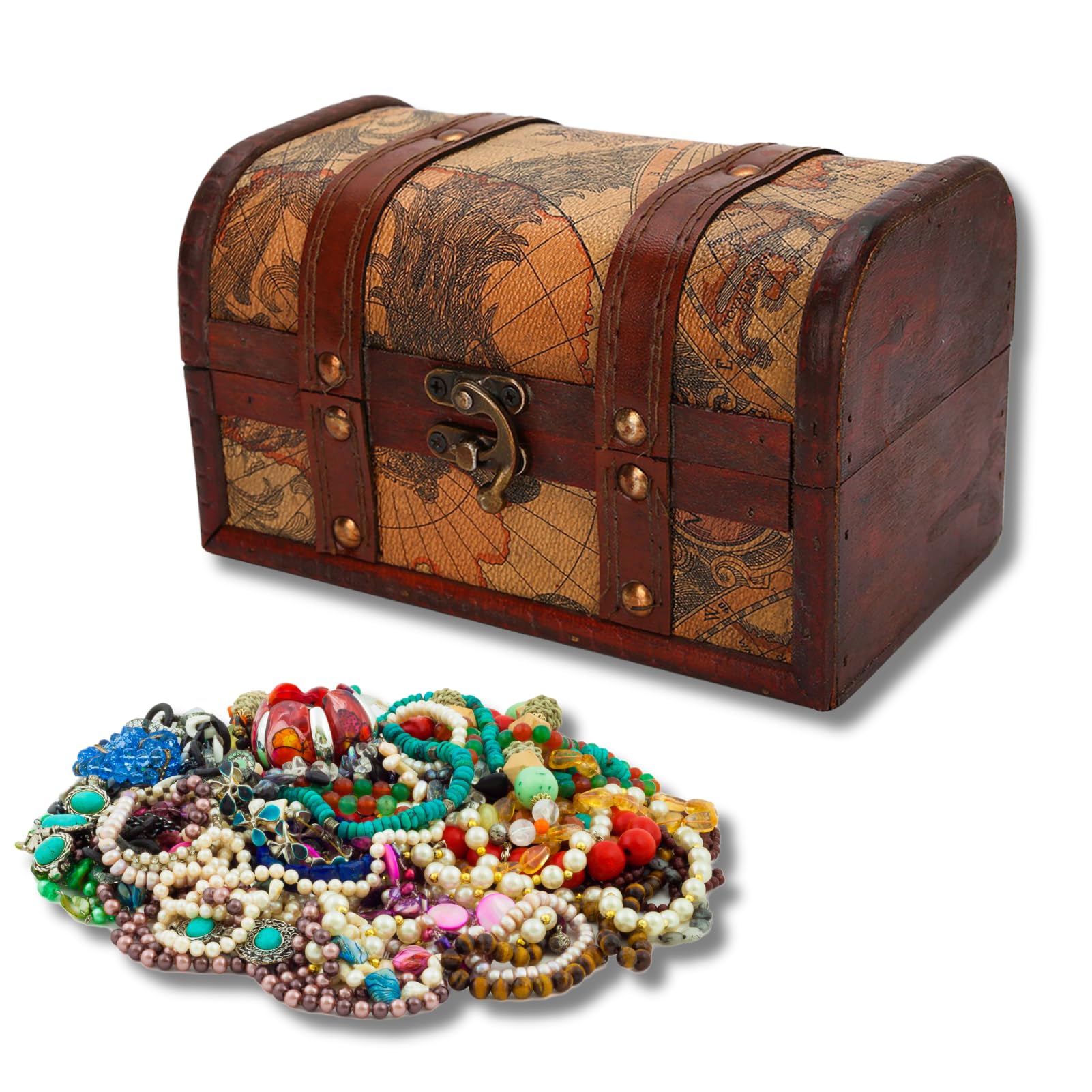 Buachois Treasure Chest,7.1 * 3.9 * 4.1in Vintage Wooden Storage Box Antique Treasure Chest Decorative Jewelry Toy Storage Box Pirate Chest for Organizing a Treasure Hunt with Kids(2#)