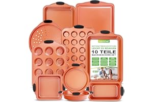 NutriChef 10-Piece Non-Stick Baking Pans Set - Premium Nonstick Carbon Steel Oven Bakeware - Includes Cookie Sheets, Muffin & Cake Pans, Pizza Crisper, Roasting Pans, w/Silicone Handles - Copper