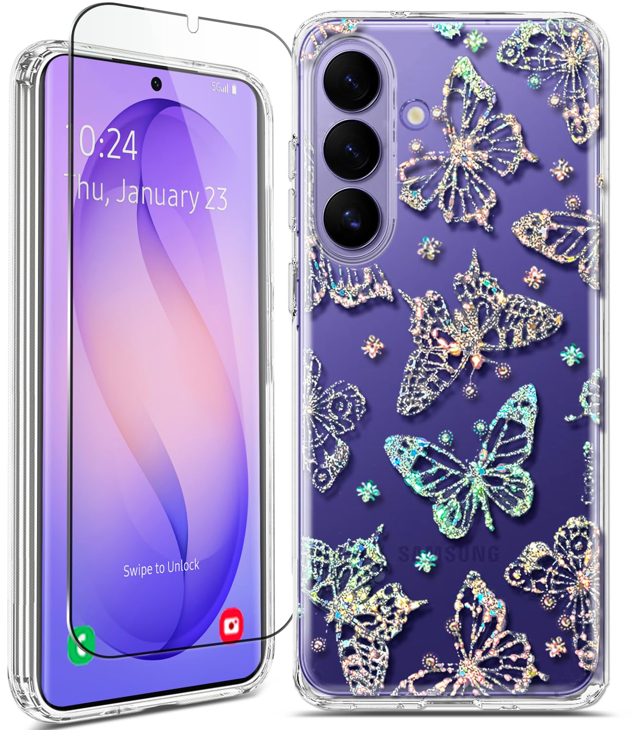Coolwee Clear Glitter for Galaxy S26 Butterfly Case, [Screen Protector] Shockproof Thin Flower Slim Cute Crystal Bling Women Hard Back Soft TPU Bumper Protective for Samsung S26 6.3 inch