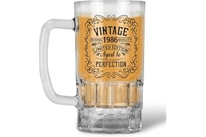 Vintage 1986 Limited Edition 22oz Beer Mug, 40th Birthday Glass Stein, Aged to Perfection Design (1986 Vintage Beer Mug)