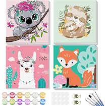 4 Pack Paint By Numbers Kit For Kids - 8x8in Framed Canvas With Cartoon Animals
