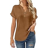 symoid Linen Shirts Women Trendy Summer Short Sleeve Top Henley Vneck Tshirt Loose Fit Flowy Gauze Tops Beach Spring Outfits