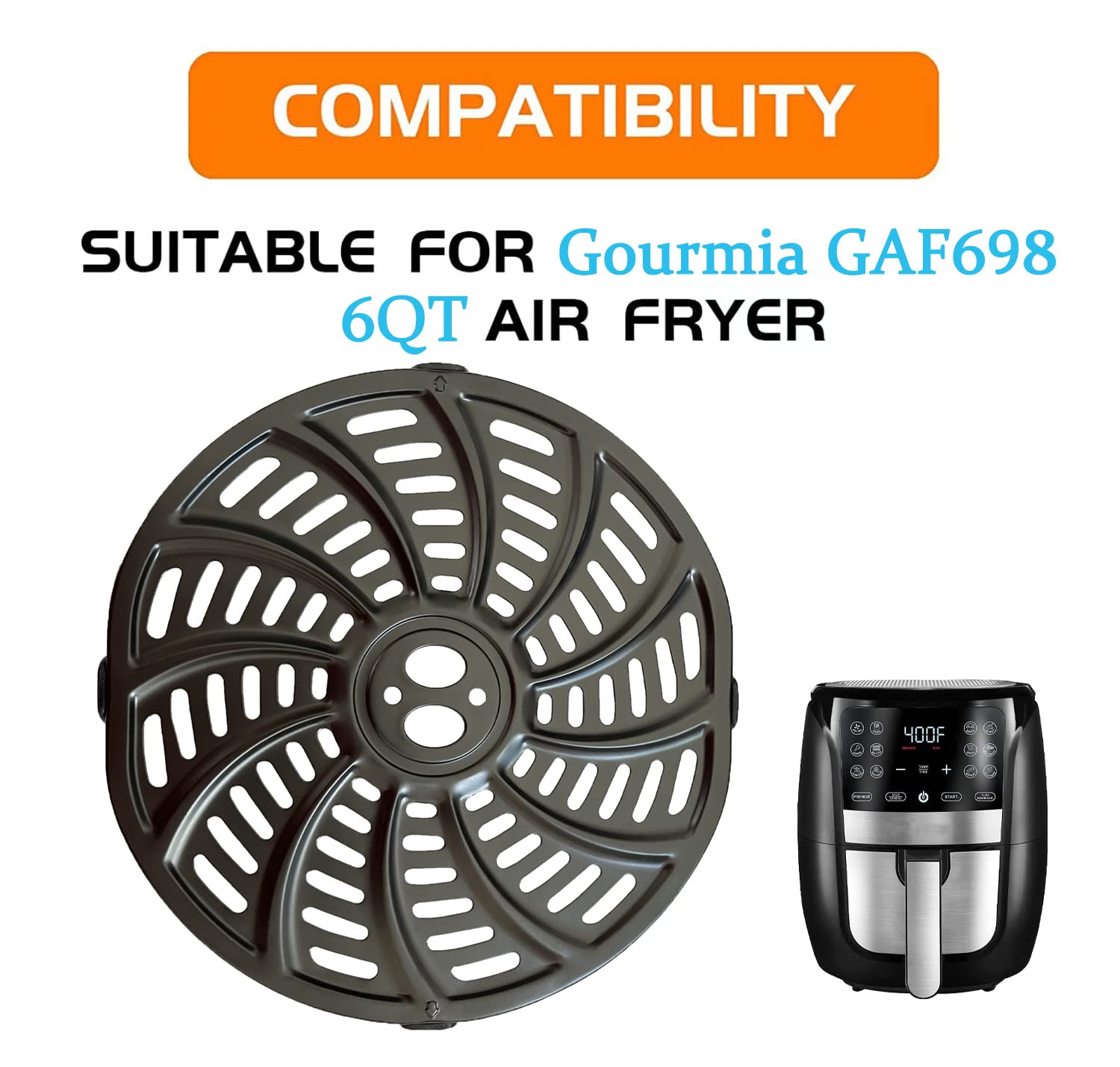 6QT Air Fryer Replacement Crisper Tray for Gourmia GAF698/GAF686 Air Fryers, Upgraded Air Fryer Grill Plate, Grill Pan Grate Grid for Gourmia 6QT Air Fryers, Nonstick, Dishwasher Safe