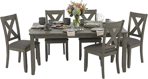 Signature Design by Ashley Caitbrook 7-Piece Dining Set, Gray Wash | Acacia veneer & engineered wood, X-back cushioned chairs, 36x60 inch footprint, Nailhead trim accents