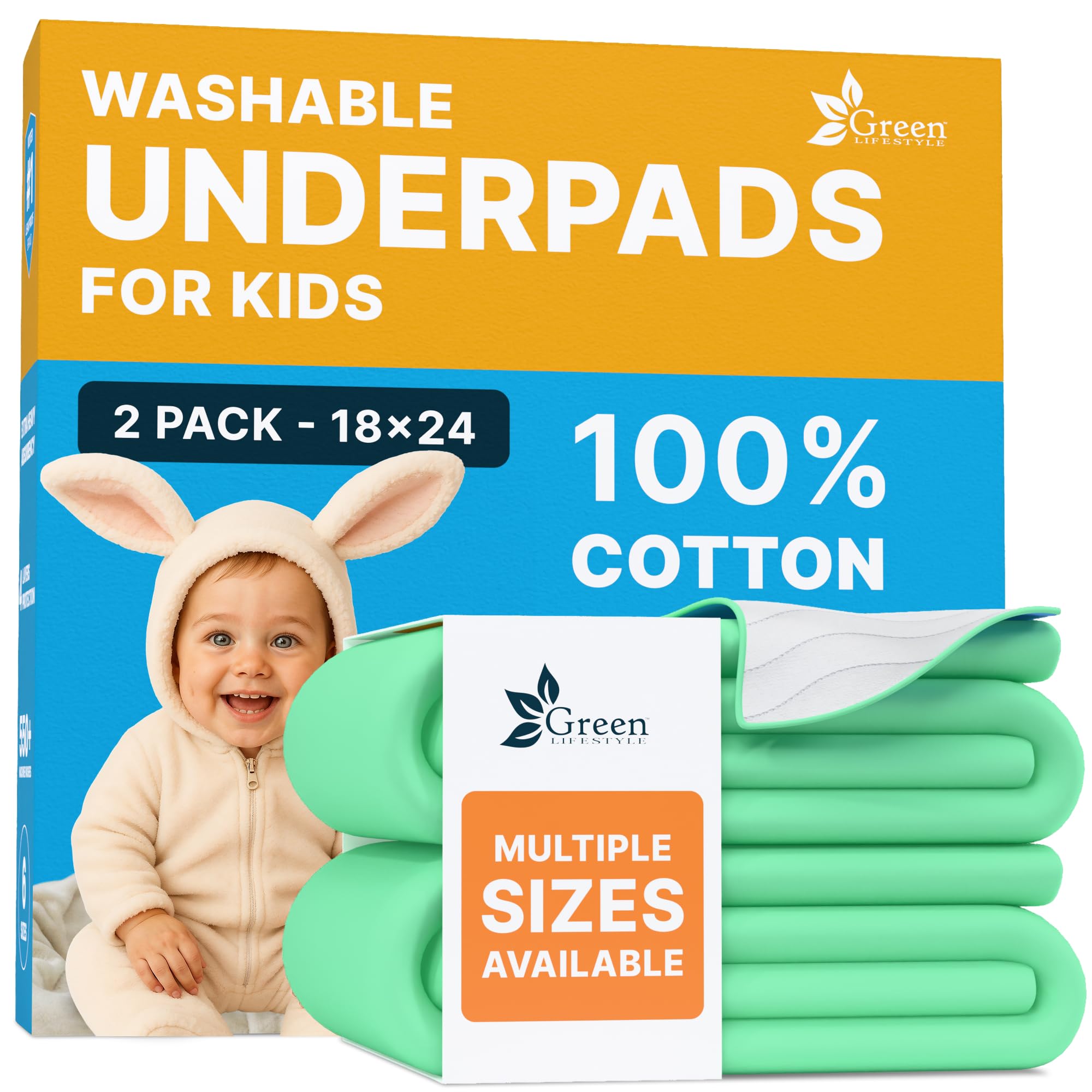 Photo 1 of GREEN LIFESTYLE 100% Cotton Washable Absorbent Pads – Waterproof Reusable Underpads for Kids, Seniors, and Adults – Ideal for Bed Protection, Incontinence (Pack of 2 - 18x24)