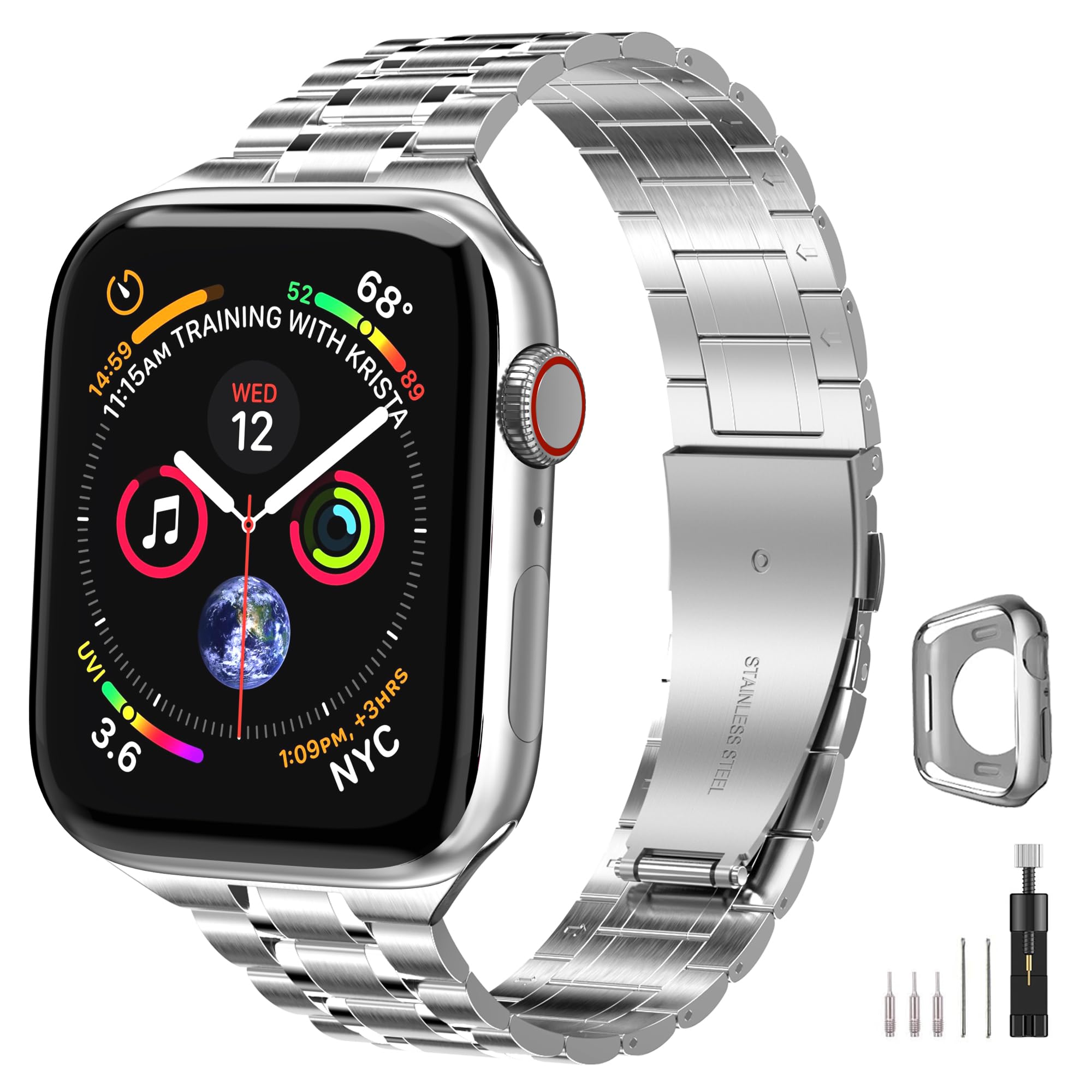 chuangshiji Metal Strap Compatible with Apple Watch Strap Series 9 8 7 6 5 4 3 2 1 SE, 41mm 40mm 38mm Adjustable Stainless Steel Replace for iWatch Band for Women and Men, Silver — image 1