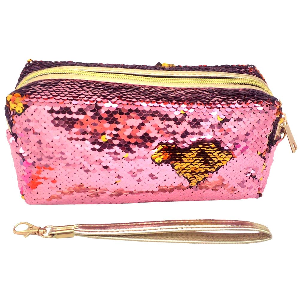 Uniuooi Glitter Cosmetic Bag Mermaid Spiral Reversible Sequins Portable Double Color Students Pencil Case for Girls Women Purse Make Up Pouch with Detachable Handle Strap Zip Closure (Pink)