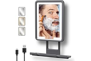 Rocollos Heated Fogless Shower Mirror for Shaving, 3 Color Lighted Fogless Mirror, Rechargeable Anti-Fog Shaving Mirror, 360° Fog Free Bathroom Mirror, Shower Mirror with Storage Shelf for Men