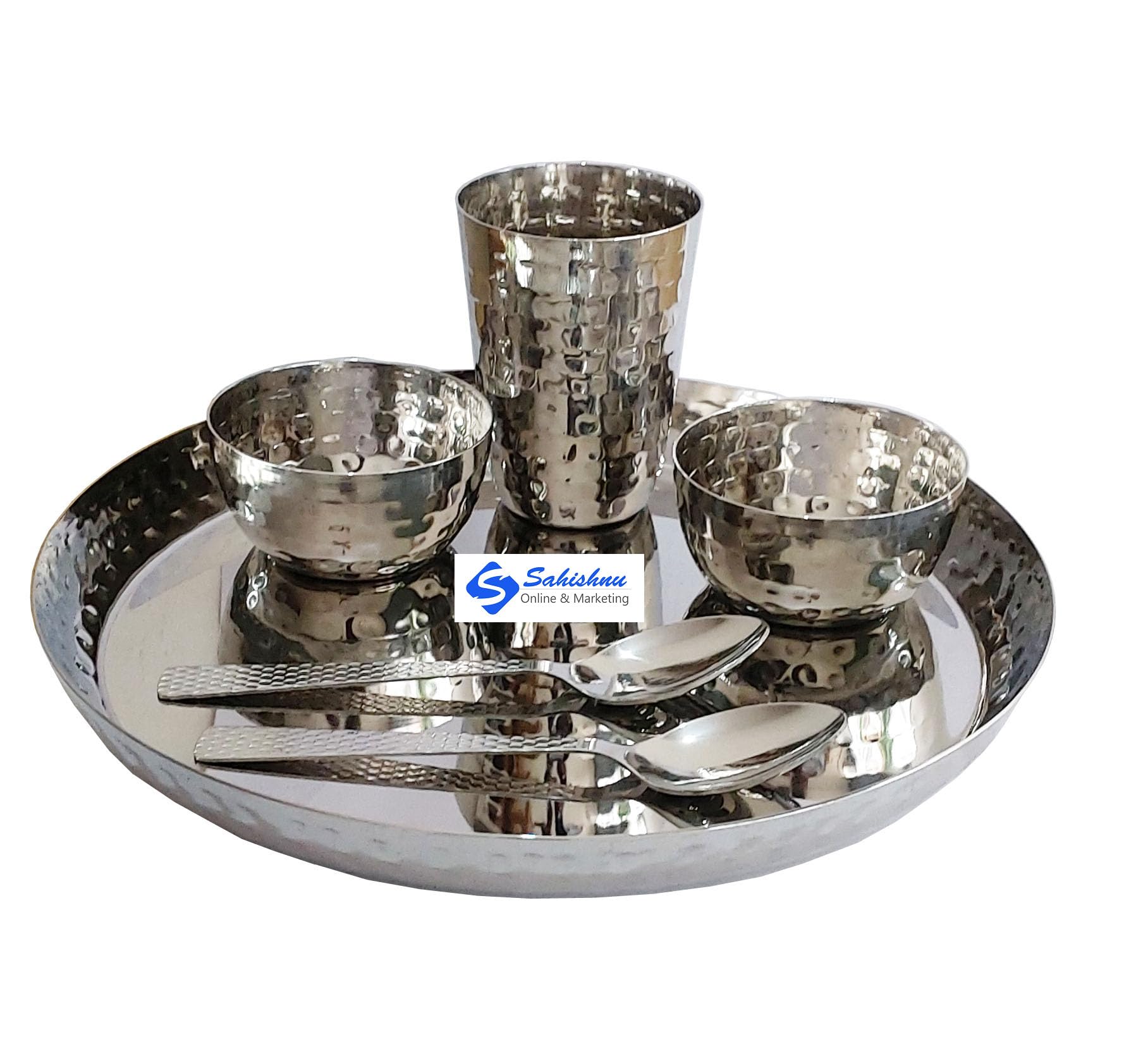 Photo 1 of Sahishnu Online And Marketing Indian Dinnerware, Stainless Steel traditional Hammer Style dinner Set of Thali, Bowls,Glass and Spoons, Silver