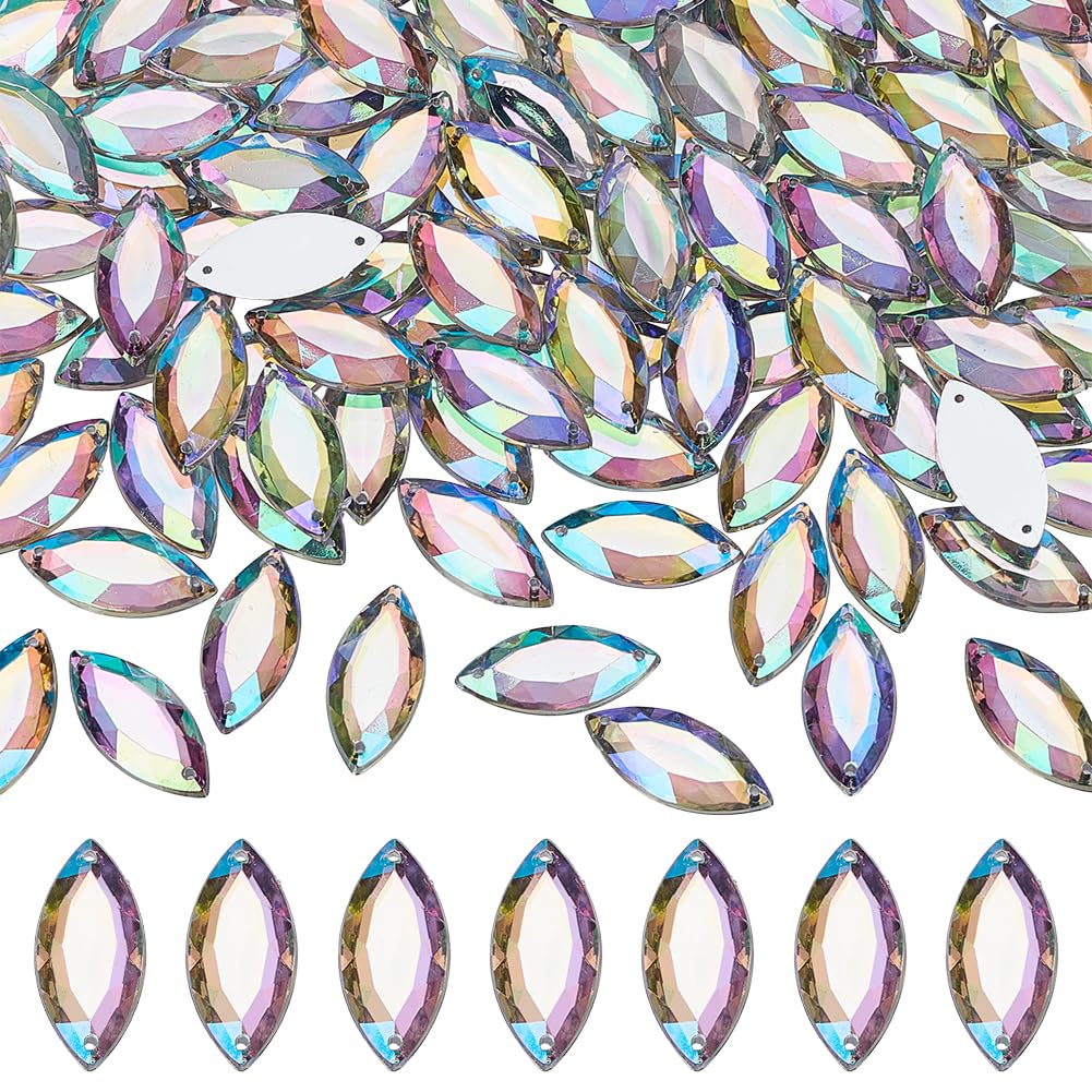 FINGERINSPIRE 200 Pcs 24.5x11mm Horse Eye Acrylic Rhinestone Gems with Container AB Color Acrylic Jewels Embelishments Crystals Flat Back Sew on Rhinestone with Container for Costume Making DIY Sewing