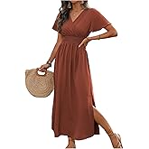 winkbay Women's Summer Wrap V Neck Dress Elegant Casual Short Sleeve A Line Slit Long Flowy Vacation Dresses