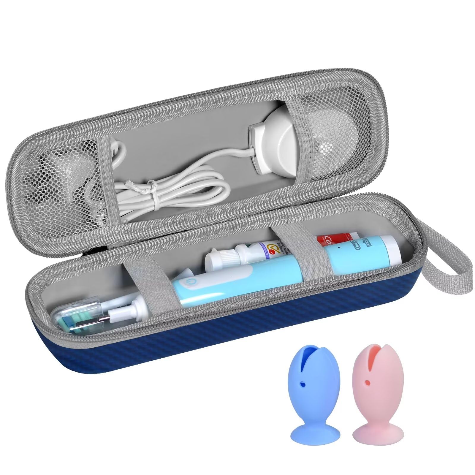 TUNYINSH Travel Case for Oral-B/Oral-B Pro/Phlips Sonicare Electric Toothbrush with 2pcs Toothbrush Heads Cover Cap, Portable Hard Protective Storage Bag with Accessories Storage (Blue) — image 1