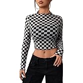 SOLY HUX Women's Plaid Sheer Mesh Tee Mock Neck Long Sleeve Lettuce Trim Crop Tops T Shirt