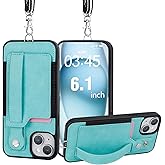 TOOVREN Wallet Case for iPhone 15 Case with Card Holder Lanyard Leather Phone Cover Fits iPhone 15 Wallet Case with Strap Stand for Women & Men 6.1 Inch Blue