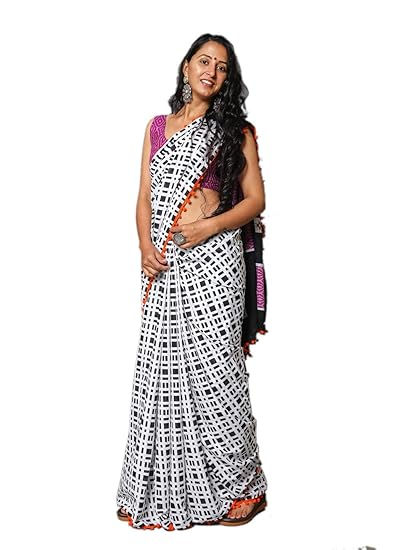 White Cotton Hand Block Printed Saree with Blouse