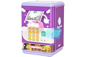 AIQI Piggy Bank Toy Electronic Mini ATM Savings Machine with Personal Password & Fingerprint Unlocking Simulation - Music Box with Songs for Kids, Boys and Girls Age 3-8 Years (Purple)