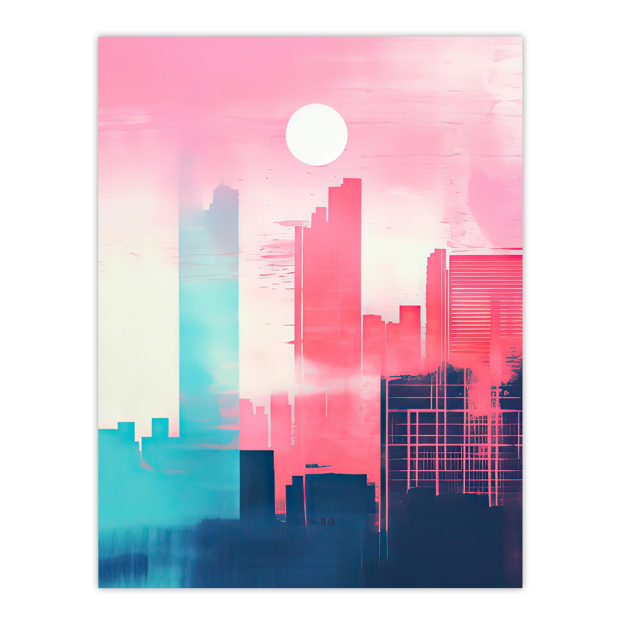 Artery8 Abstract Geometric Metropolis Cityscape Coral Pink Turquoise Blue Pastel Colour Artwork Extra Large XL Wall Art Poster Print