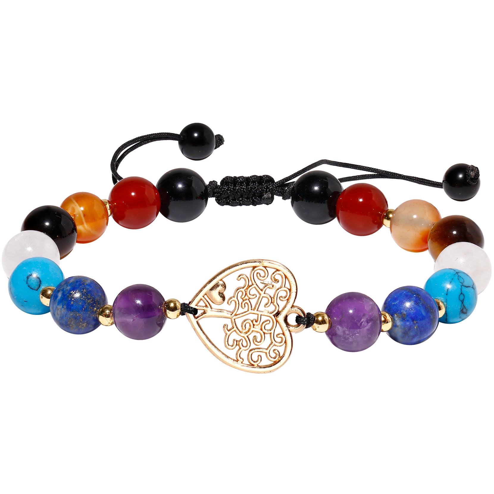 Wizock Reiki 7 Chakra Obsidian Beaded Bracelets for Women Men Meditation Yoga Heart Shape Tree of Life Charms Bracelets Gifts for Her