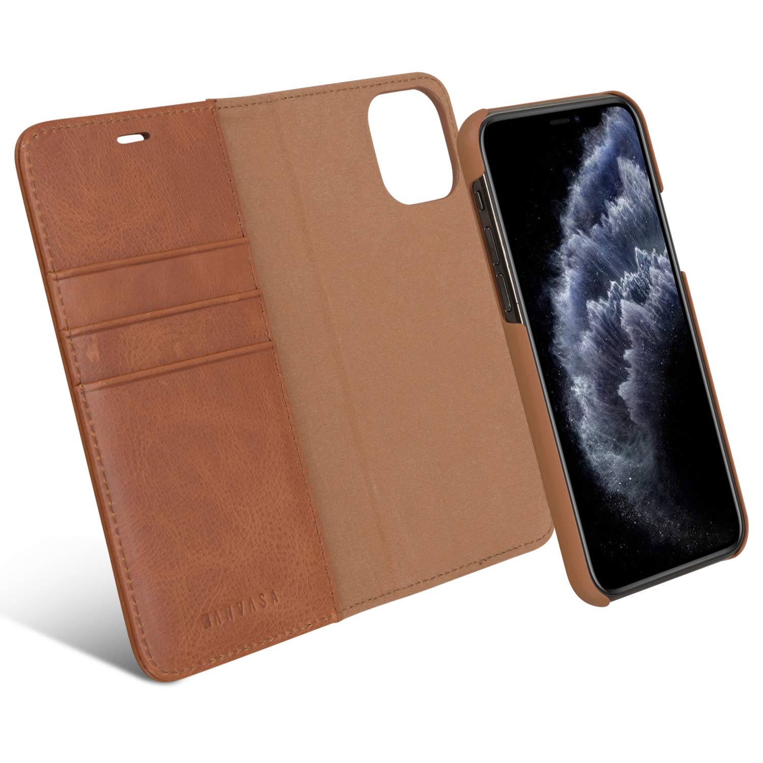 KANVASA iPhone 11 Pro Detachable Wallet Case Brown Premium Genuine Leather 2 in 1 Flip Folio Book Magnetic Cover for the Original iPhone 11 Pro (5.8") - Supports Wireless Charging Qi
