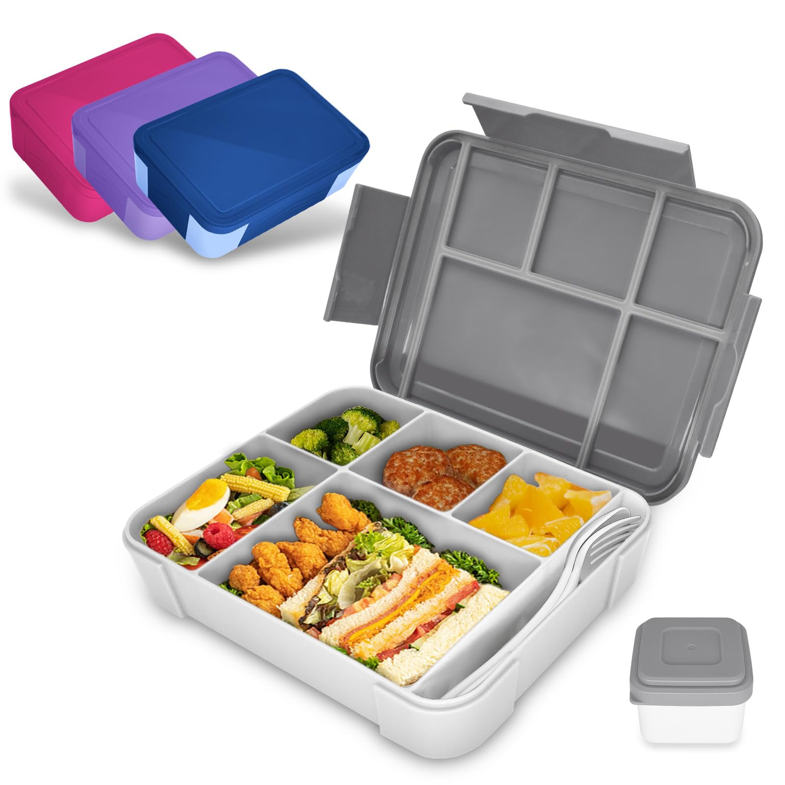 IJIAMY Bento Lunch Box Kids, Bento Box Lunch Box Adults with 5 Compartments and 1 Salad Dressing Containers, Snack Box for Kids and Adults Work School (Grey)