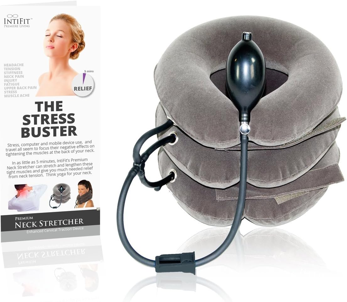 IntiFit Premium Neck Stretcher and Therapeutic Cervical Traction Pillow for Neck Tension Relief …
