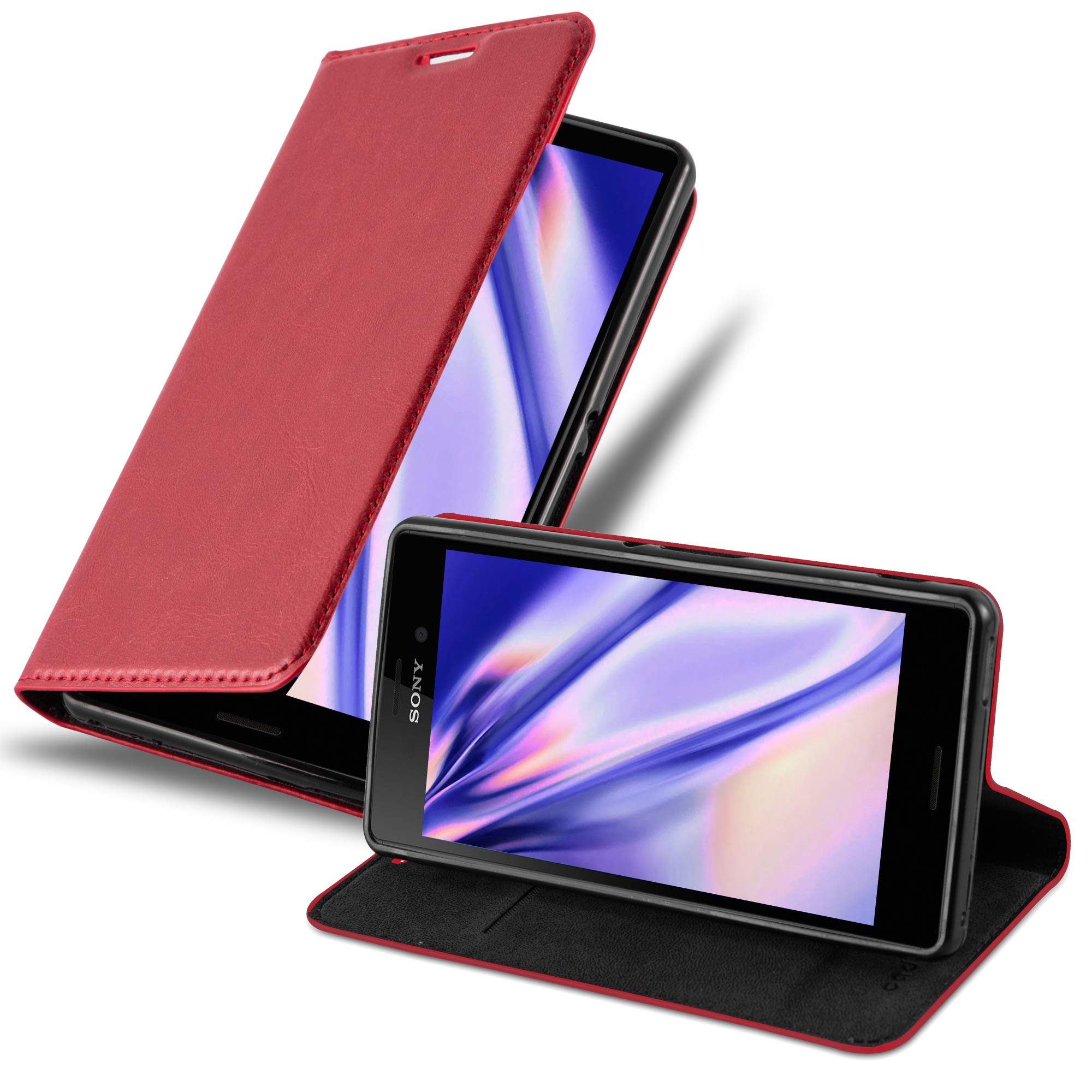 cadorabo Book Case works with Sony Xperia M4 AQUA in APPLE RED - with Magnetic Closure, Stand Function and Card Slot - Wallet Etui Cover Pouch PU Leather Flip