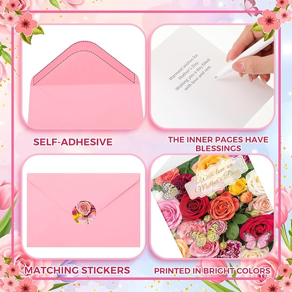 EAASTY 200 PACK MOTHER’S DAY GOLD FOIL GREETING CARDS BULK WITH PINK ENVELOPES AND STICKERS, BLANK INSIDE MOTHER’S DAY CARDS FOR MOM, CHURCH, BIRTHDAY AND FLORIST SUPPLIES