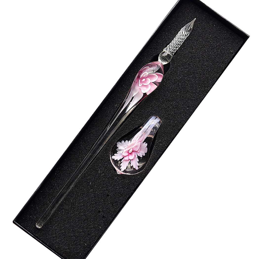 SIPLIV Handmade Crystal Glass Intarsia Dip Pen Fountain Pen Kit Vintage Calligraphy Signatures Pen with A Pen Holder, Pink