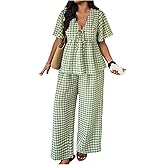 SOLY HUX Women's Plus Size 2 Piece Outfit Plaid V Neck Shirt and Wide Leg Pants Vacation Set