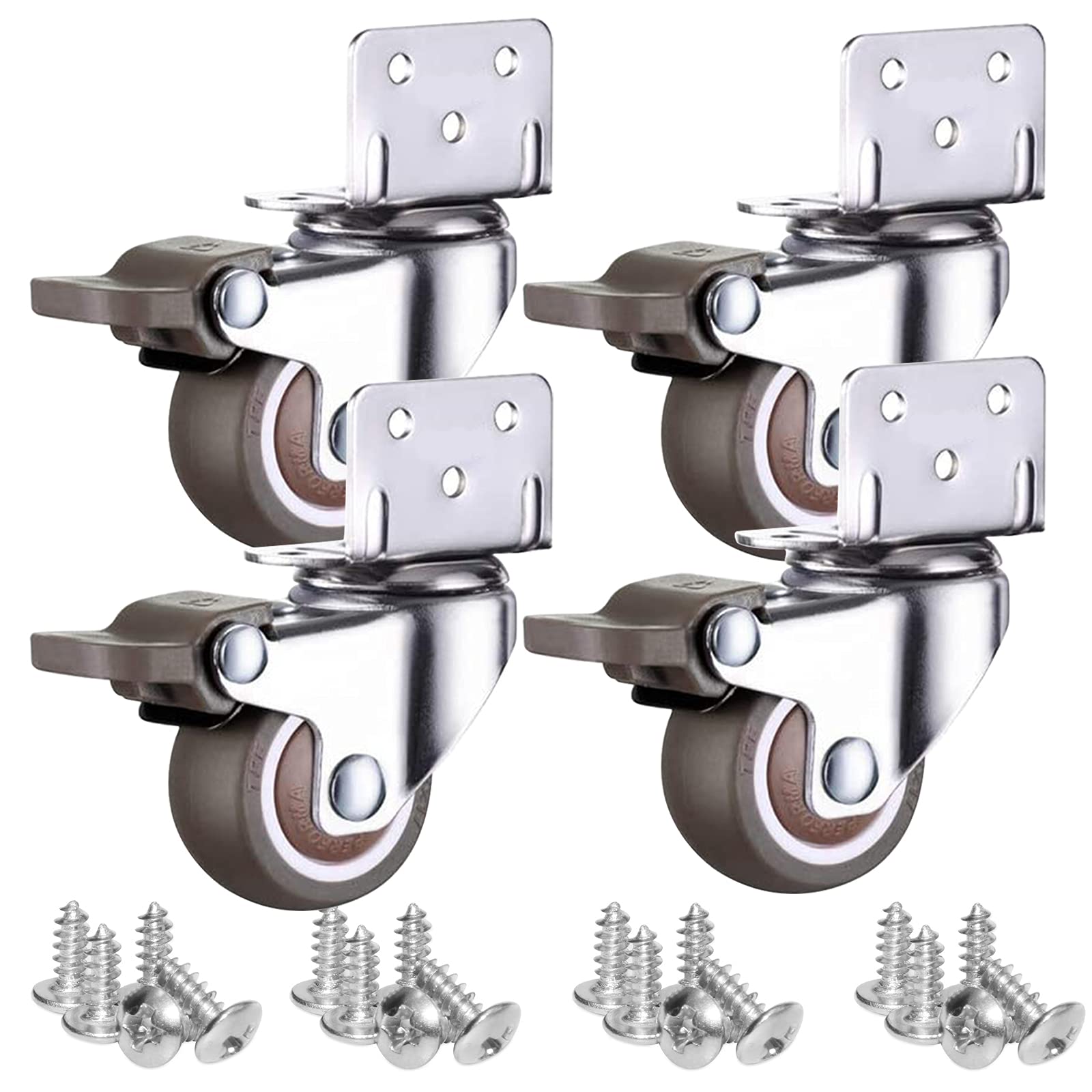 L- Shaped Bracket Mute Castors Wheels, Swivel Rubber Casters with Brake, for Furniture Trolley Crib Casters Kitchen Cabinet Universal Castors (4Pcs)(38mm)