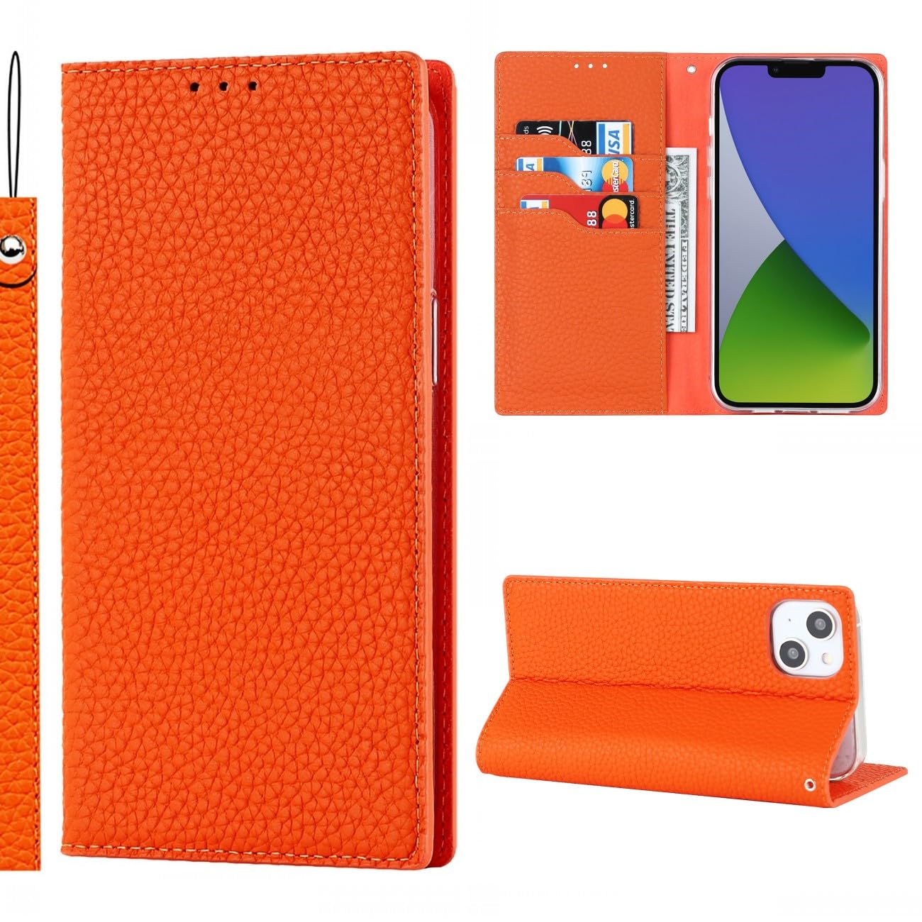 Cavor Phone Case Compatible for iPhone 15 with card holders,Genuine Leather Flip Wallet Case,[3 Card Holders][Magnetic][RFID-Blocking][Lanyard],Protective Case Cover for iPhone 15 - Orange