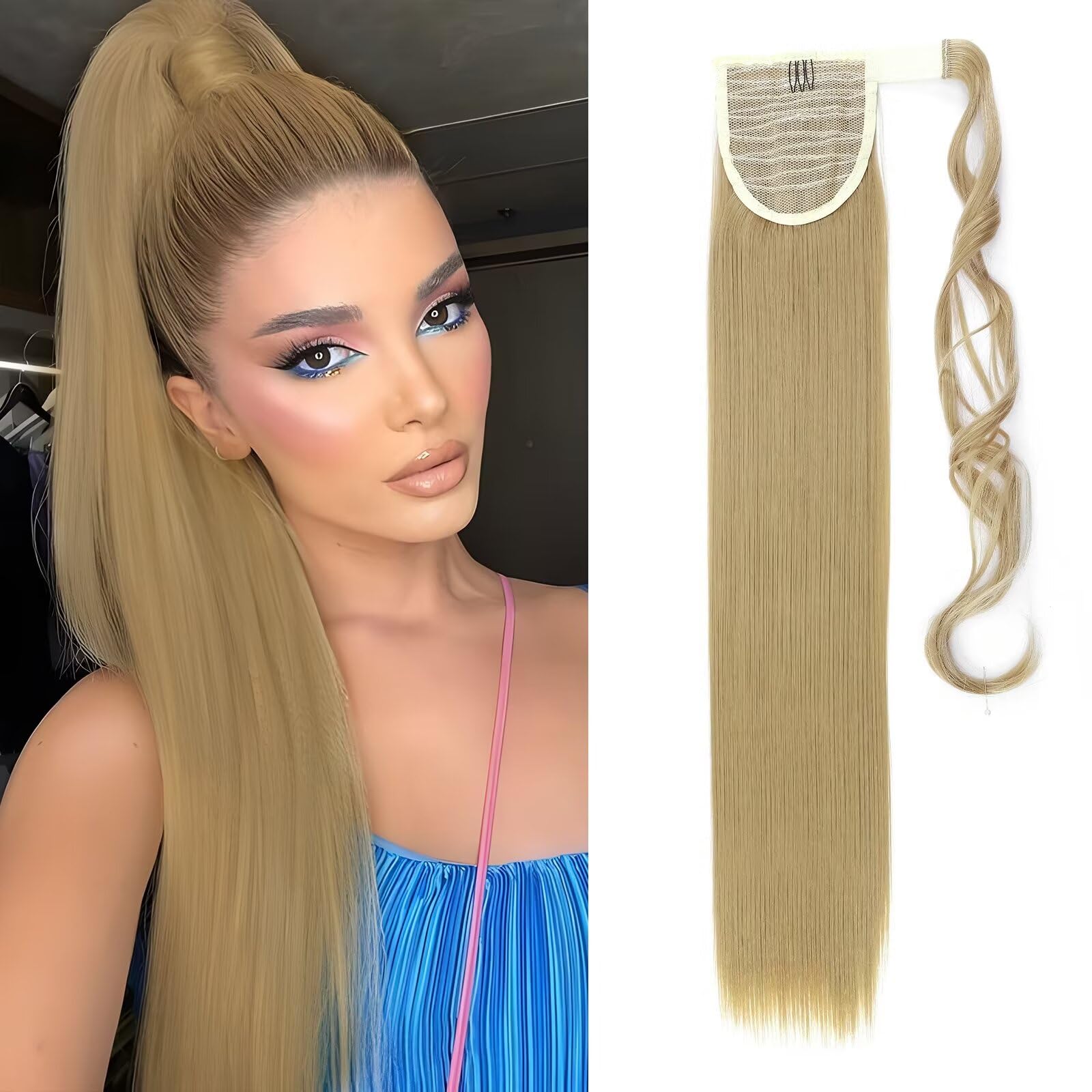 Clip on Pony Tail Wrap Around Ponytail Hairpiece Clip in Hair Extensions 26" Long Straight Ash& Blond/Blond