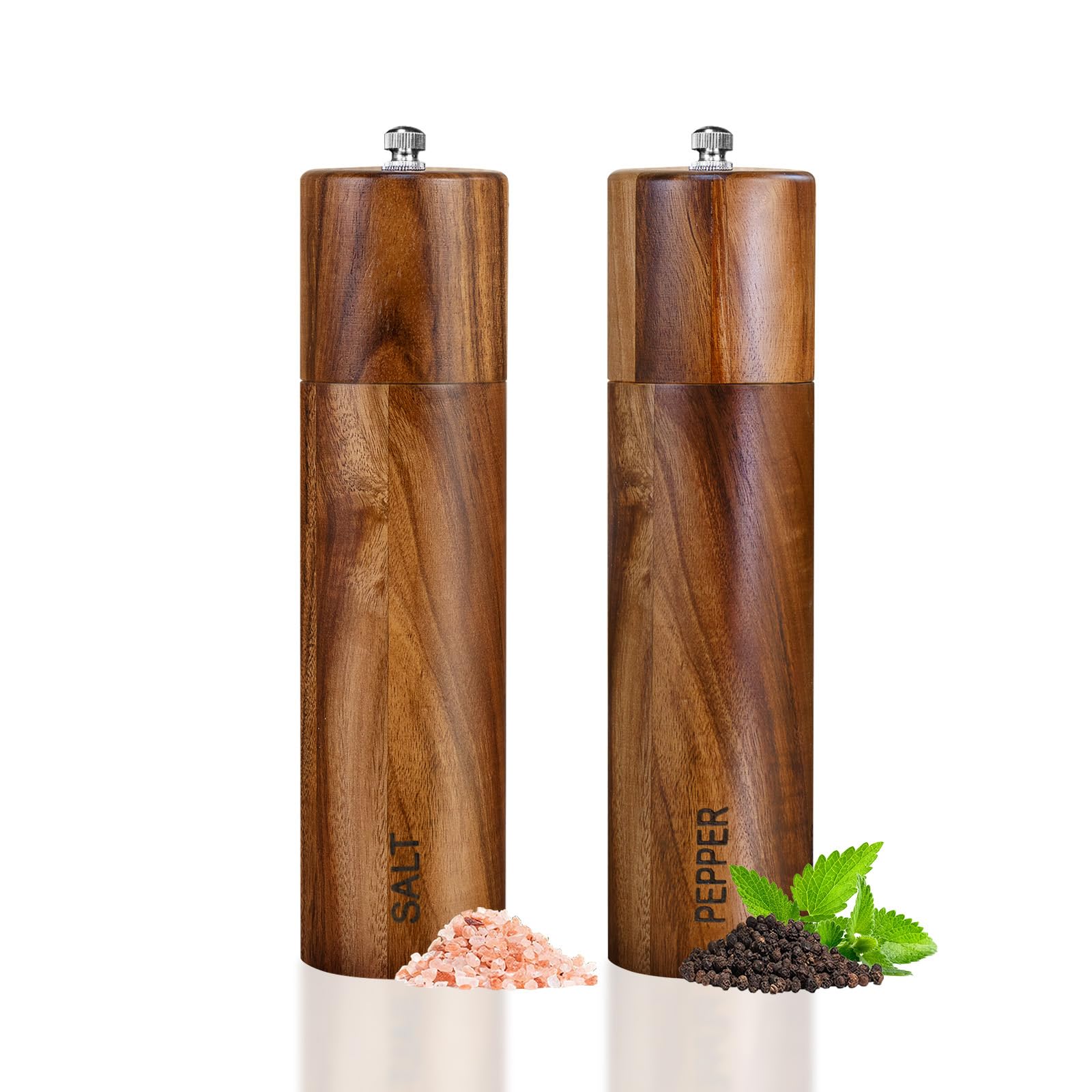 Photo 1 of 2 Pack Acacia Wooden Salt and Pepper Grinder Set 8 Inches Refillable Salt and Pepper Mills Adjustable Coarseness, Acacia Wood with Ceramic Core Peppercorn Shaker Tableware Birthday Gifts
