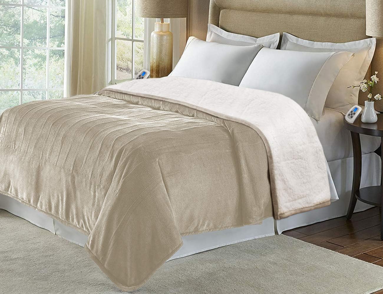 MARQUESS Electric Blanket Throw,Flannel Sherpa Washable and Comfortable Heated Blanket with 4 Settings, Safety 10 Hours Auto-Off &Dual Temperature Dual Control by One Blanket(King, Linen): Kitchen & Dining