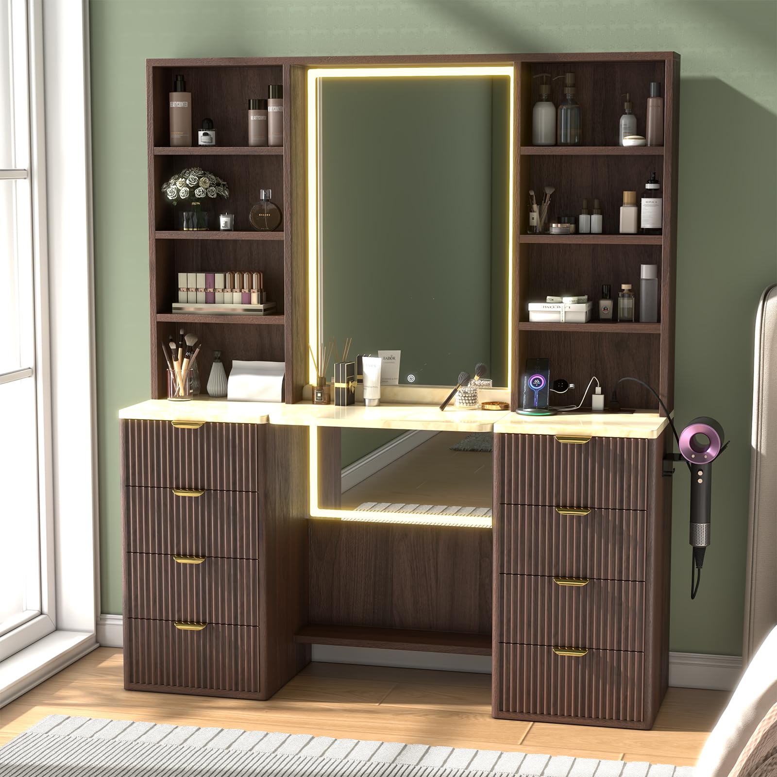 Photo 1 of (4/3/2026 ***FINAL SALE/NO RETURN, SOLD AS PARTS***)
NKUGCFC 47” Fluted Makeup Vanity Desk with 38” Mirror and Lights,Modern Tall Vanity Table with Detachable Top, 8 Drawers & Shelves Storage,Dressing Table Built-in Power Outlet for Bedroom-Walnut Color