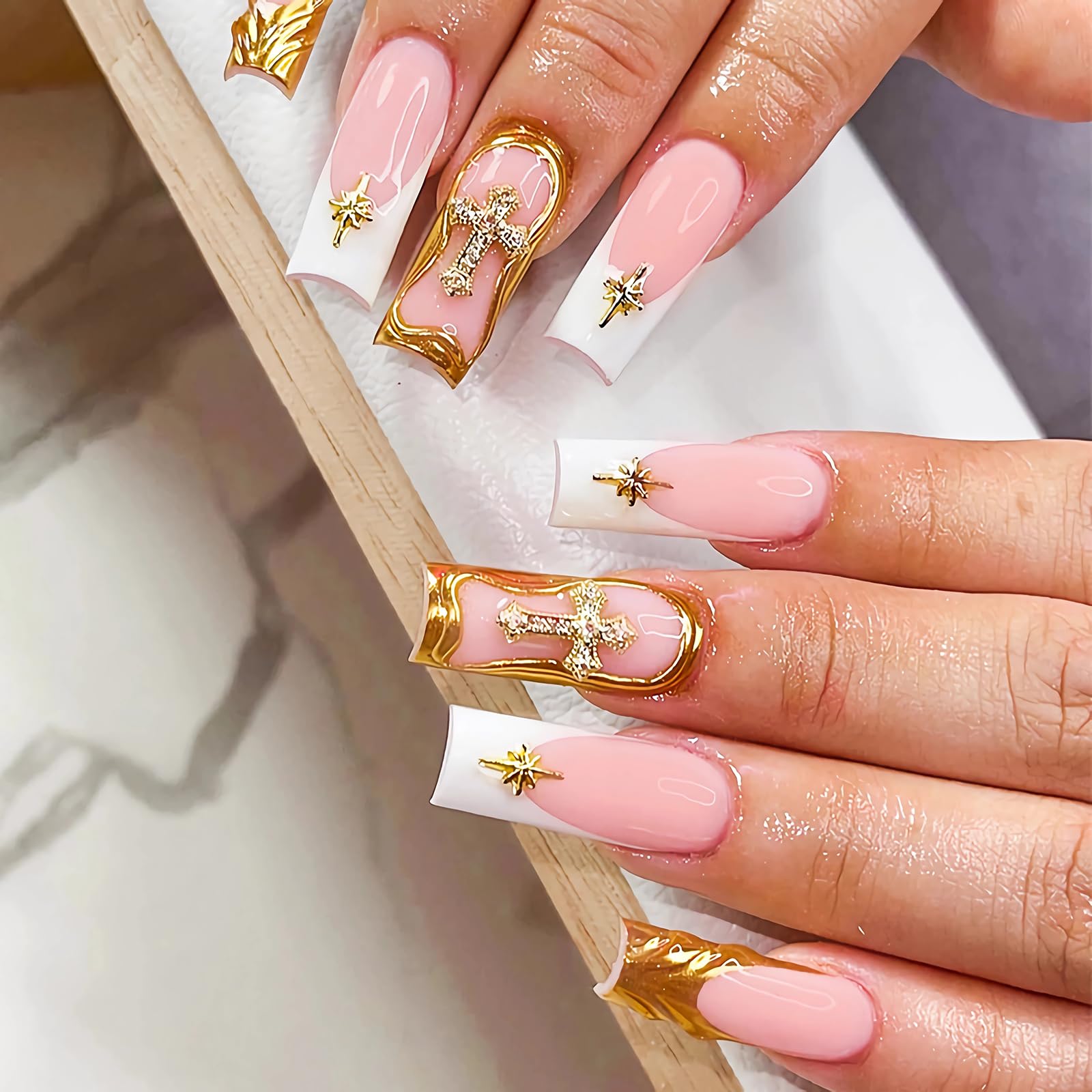 MISUD Press on Nails Long Square Fake Nails Glossy Glue on Nails 3D Gold French Tip Acrylic Nails Squoval Artificial Nails Cross Rhinestone Stick on False Nails with Design 24 pcs