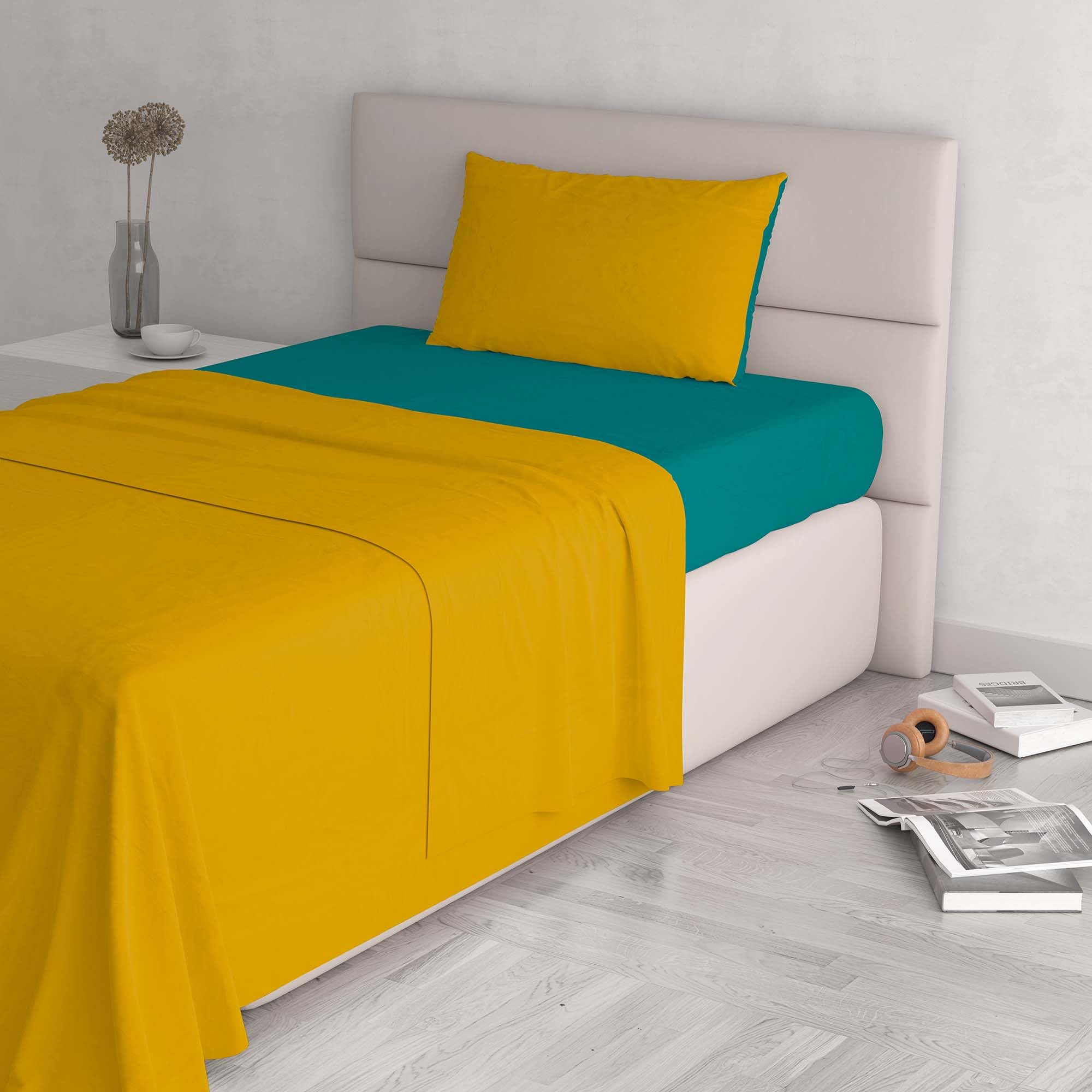 Italian Bed Linen Natural Color Bed Set (Flat 150x300, Fitted Sheet 90x200cm+Pillowcase 52x82cm), Petrol Bottle Green, 100% Cotton, ocher, SINGLE