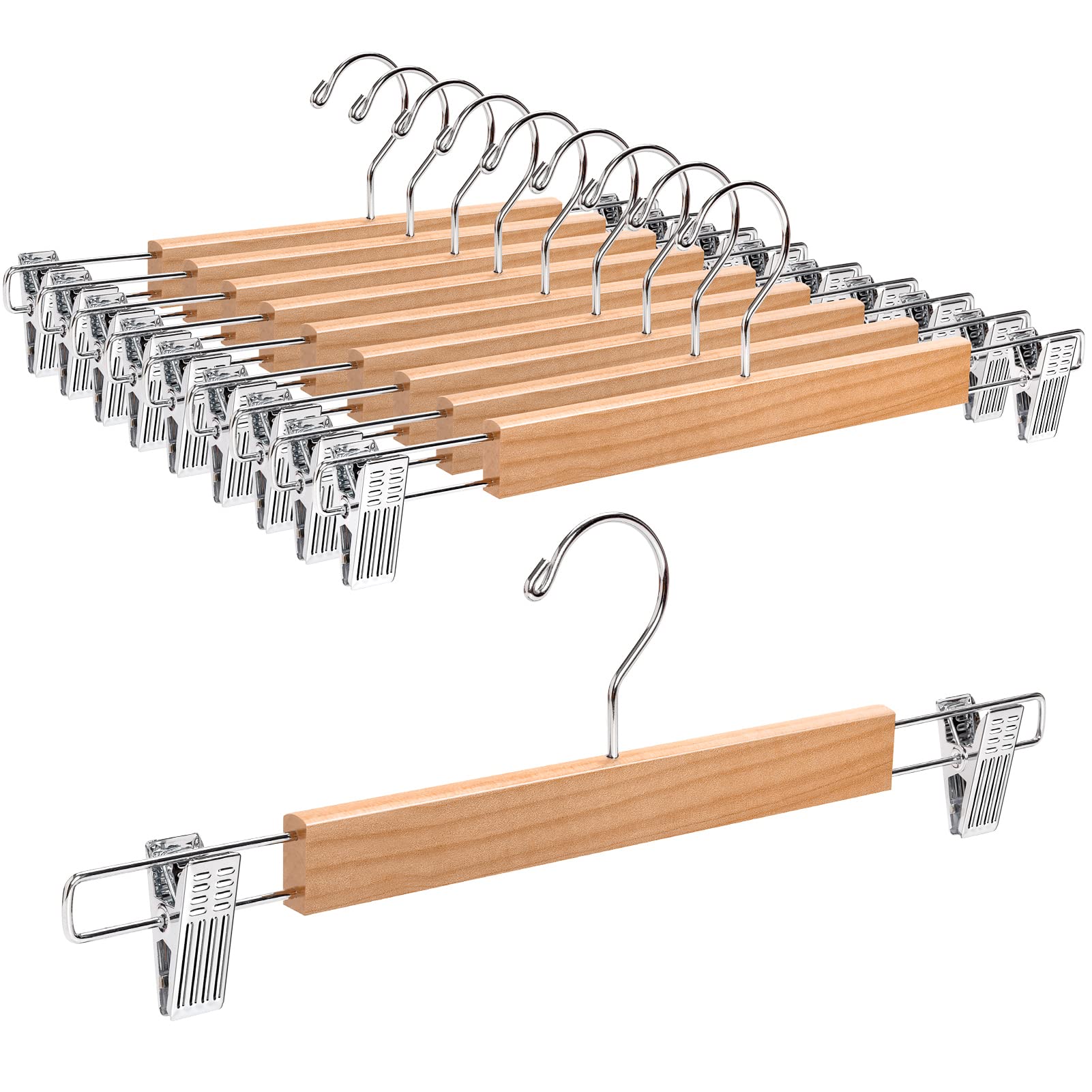 Amber Home 36cm Natural Wooden Pants Hangers 10pcs, Smooth Wood Skirt Hanger Organizer with Adjustable Anti-Slip Chrome Clips, Space Saving Solid Clothes Hangers Rack for Bottoms Jeans Slacks Trousers