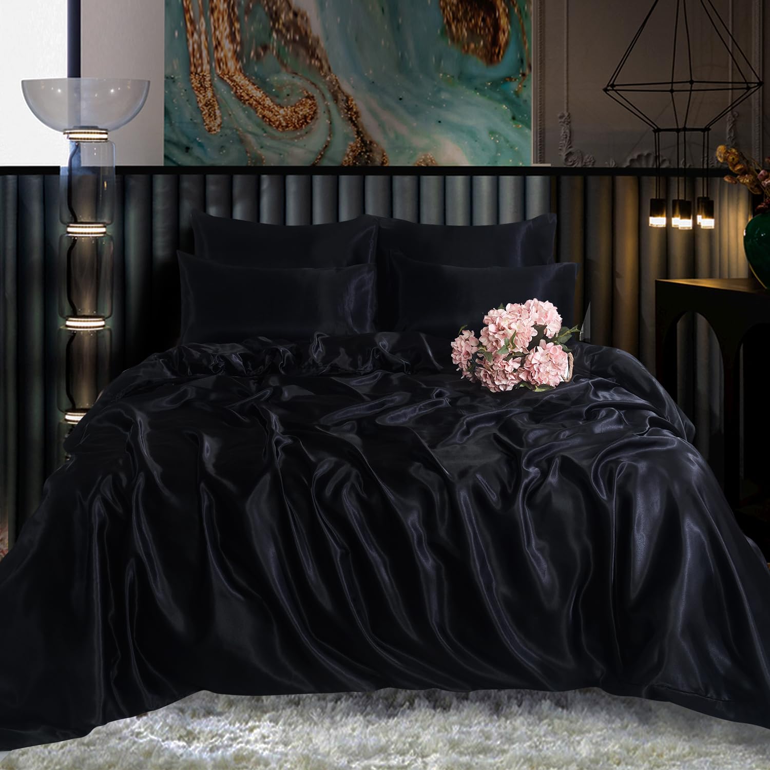ROOEE Satin Silk Complete Bedding Set - 4 PCS - Fitted sheet, Duvet Cover, 2 Pillow Cases. Color - Black Size - Single