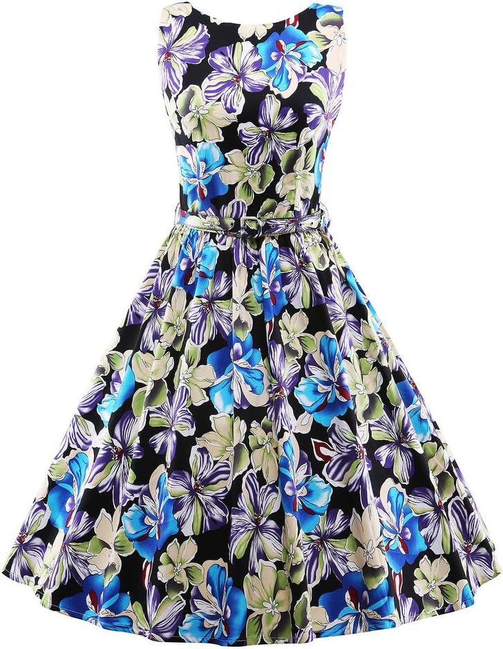 GSHappyGo Women's Retro 1950's Floaral Defined High Waist Belted Swing Dress