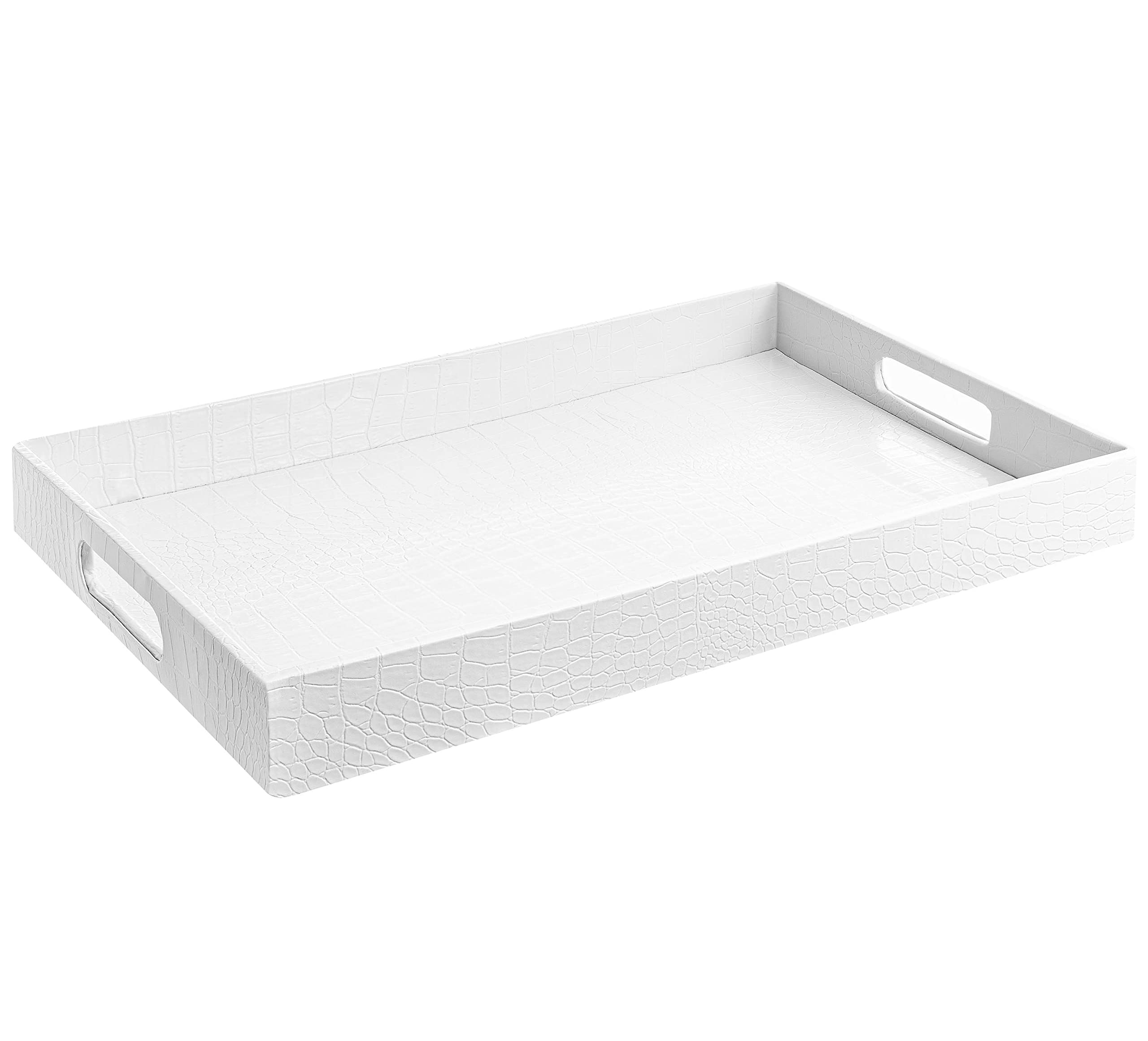 Photo 1 of Home Redefined 18"x12" White Glossy Crocodile Faux Leather Serving Tray Beautiful Modern Elegant Decorative Tray with Handles Ottoman Coffee Table Perfume Display Makeup for All Occasion's