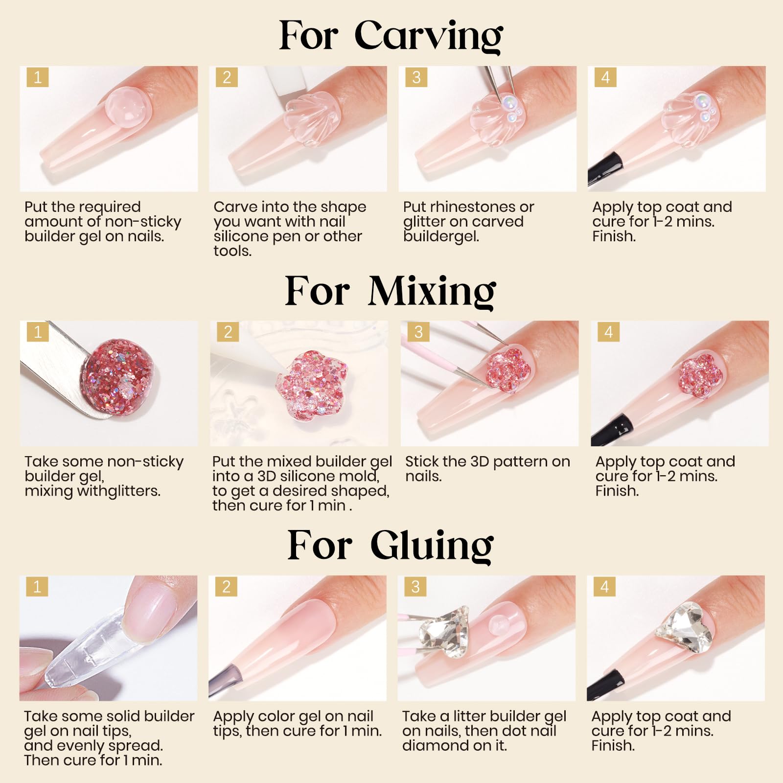 MIZHSE Solid Builder Gel for Nails, Clear Non-Sticky Sculpting Gel, 3D Nail Art Carving Building Modeling Hard Nail Extension Soak Off UV/LED Nail Art Salon Home DIY 15g - Image 9