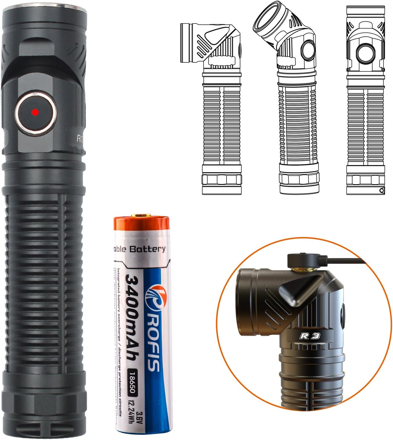 Rofis R3 CREE XM-L2 LED 1250 Lumens Magnetic USB Rechargeable Adjustable-head Flashlight Compact Lightweight Headlamp 18650 Flashlight,with 18650 Battery,Charging Cable and Headband(Cool White(6500 K)