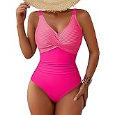 Pink Queen Women One Piece Swimsuit 2026 Patchwork Twist Front V Neck Ruched Tummy Control Swimwear Bathing Suits