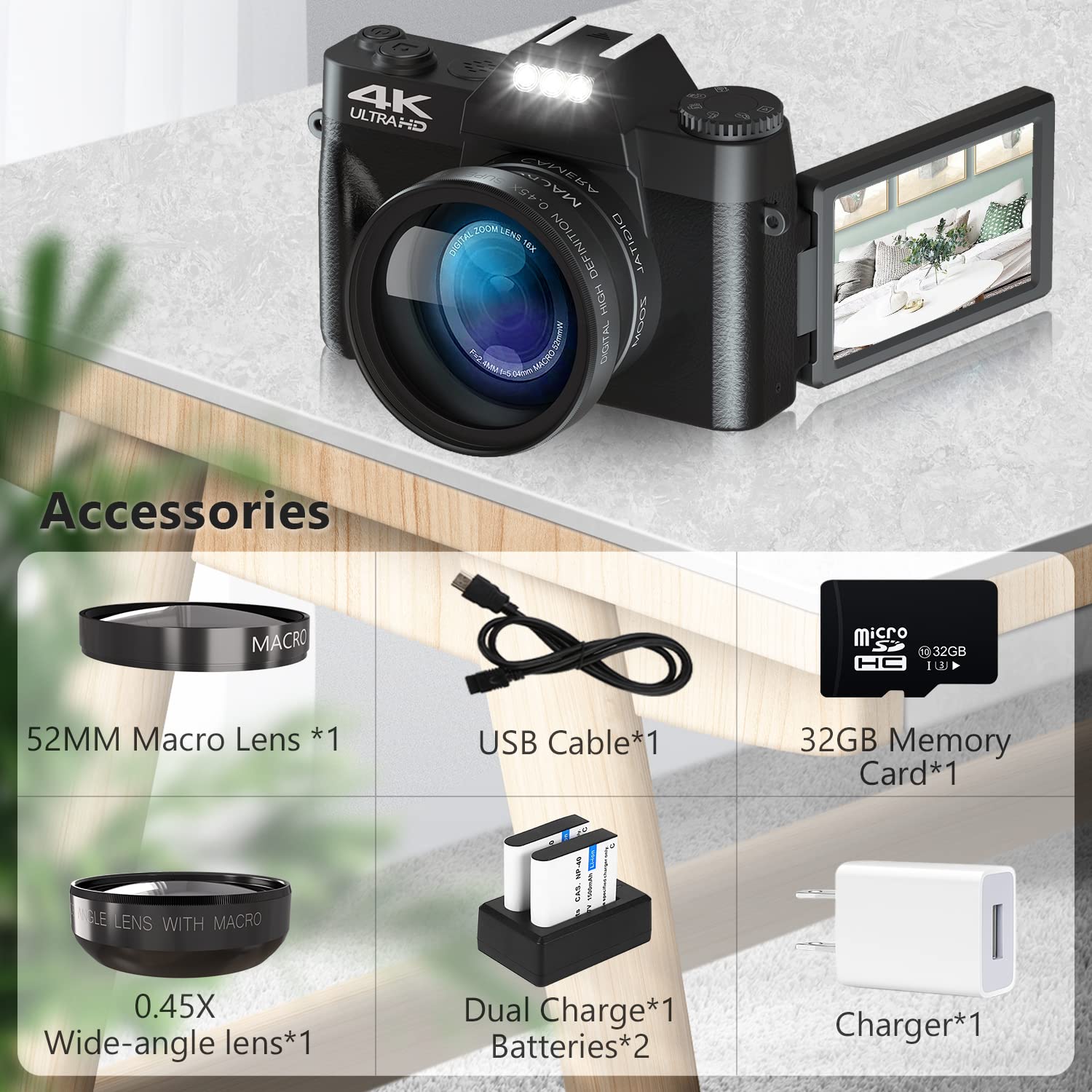 Digital Camera for Photography and Video VJIANGER 4K 48MP Vlogging Camera for YouTube with 180° Flip Screen,16X Digital Zoom,52mm Wide Angle & Macro Lens, 32GB TF Card, 2 Batteries (W01-Black)